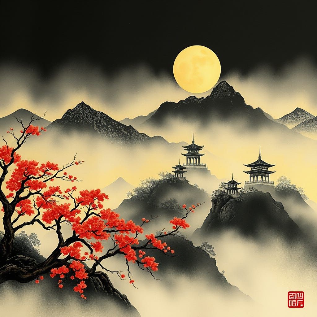 Golden Origami Art in Chinese Painting Style