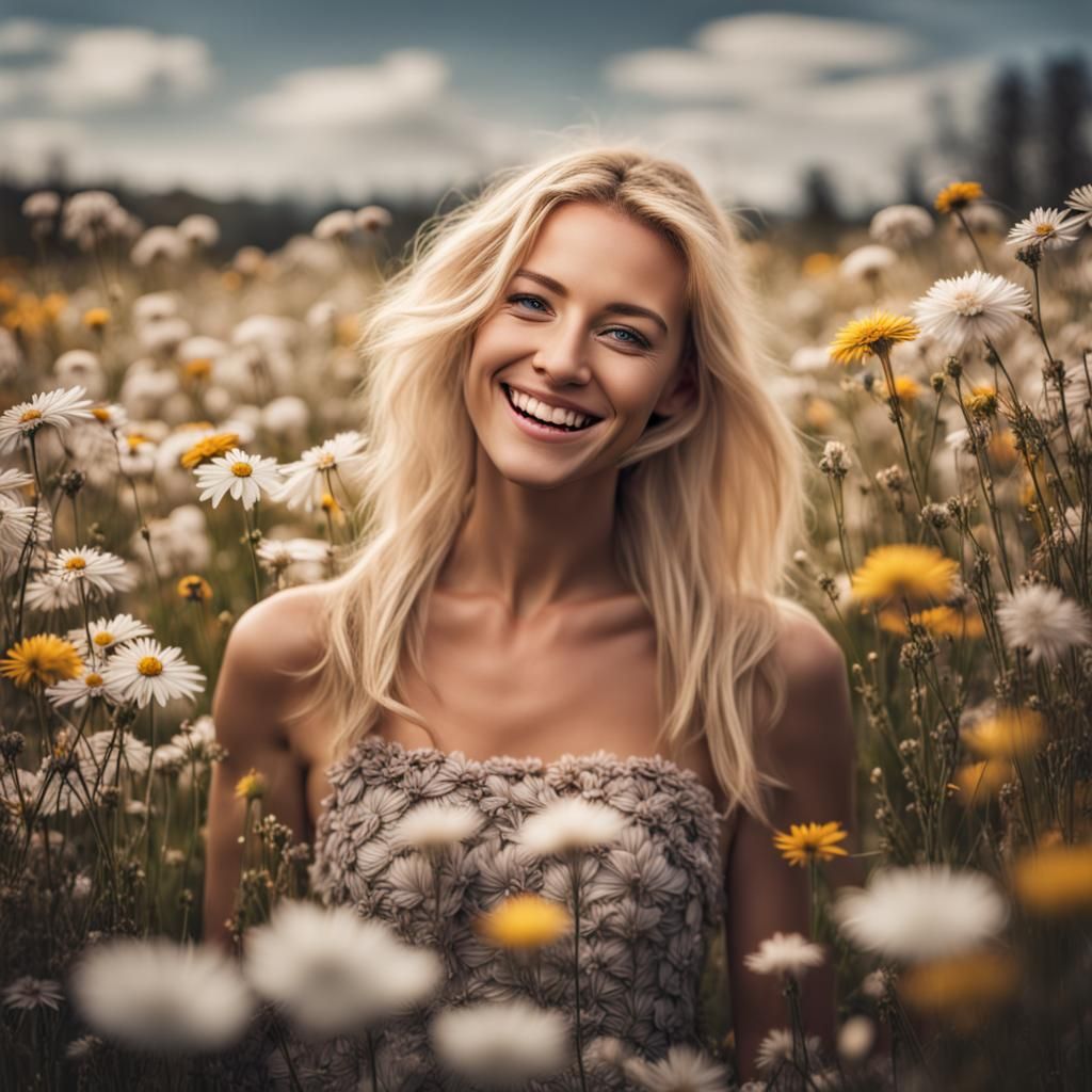 Smiling Blonde Woman in Hyperrealistic Flower Field