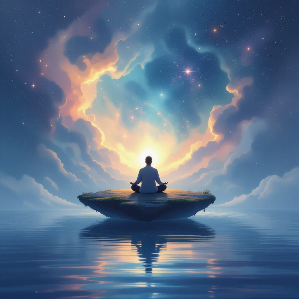 Meditating Figure on Floating Island in Cosmic Nebula