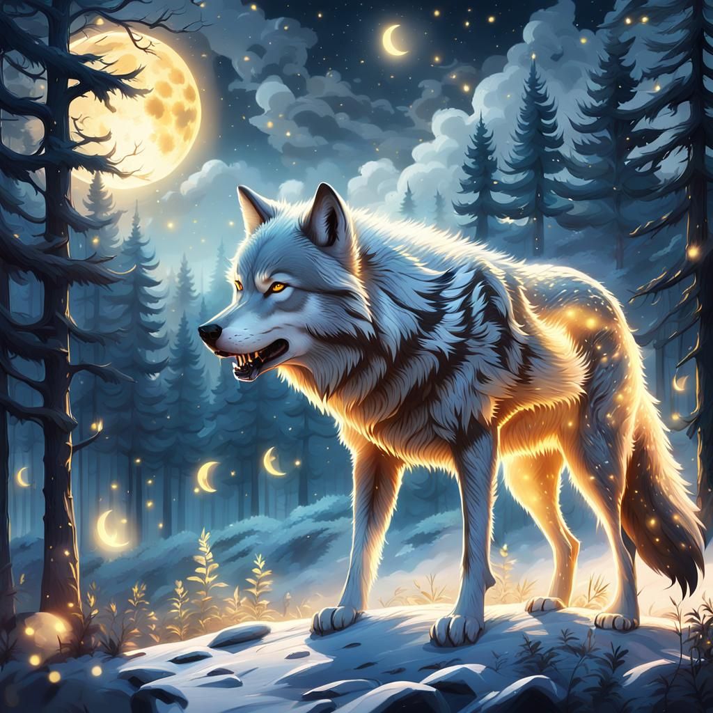 Wolf Under a Golden Moon: Mystic Forest Scene in Cinematic S...