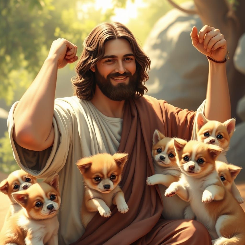 Jesus Surrounded by Adorable Pets in a Sunlit Setting