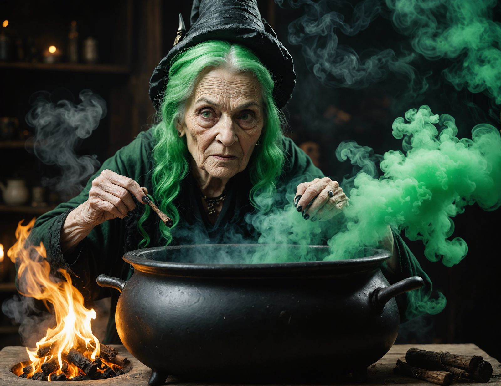 Hyper-Realistic Witch Casting Spells Over Cauldron