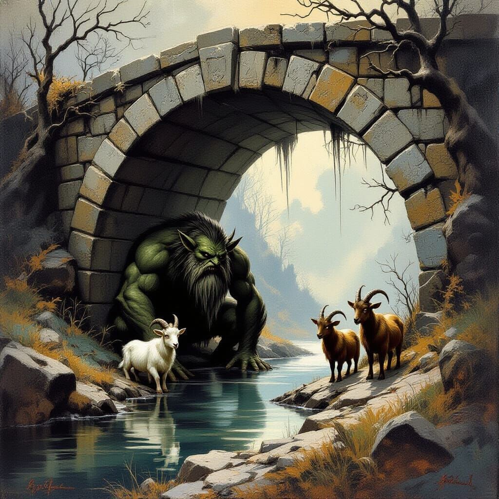 Troll Under Bridge, Dark Fantasy Oil Painting