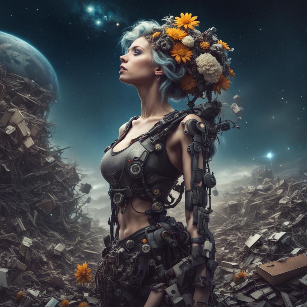 Cybernetic Woman Gazing at Stars in Post-Apocalyptic World