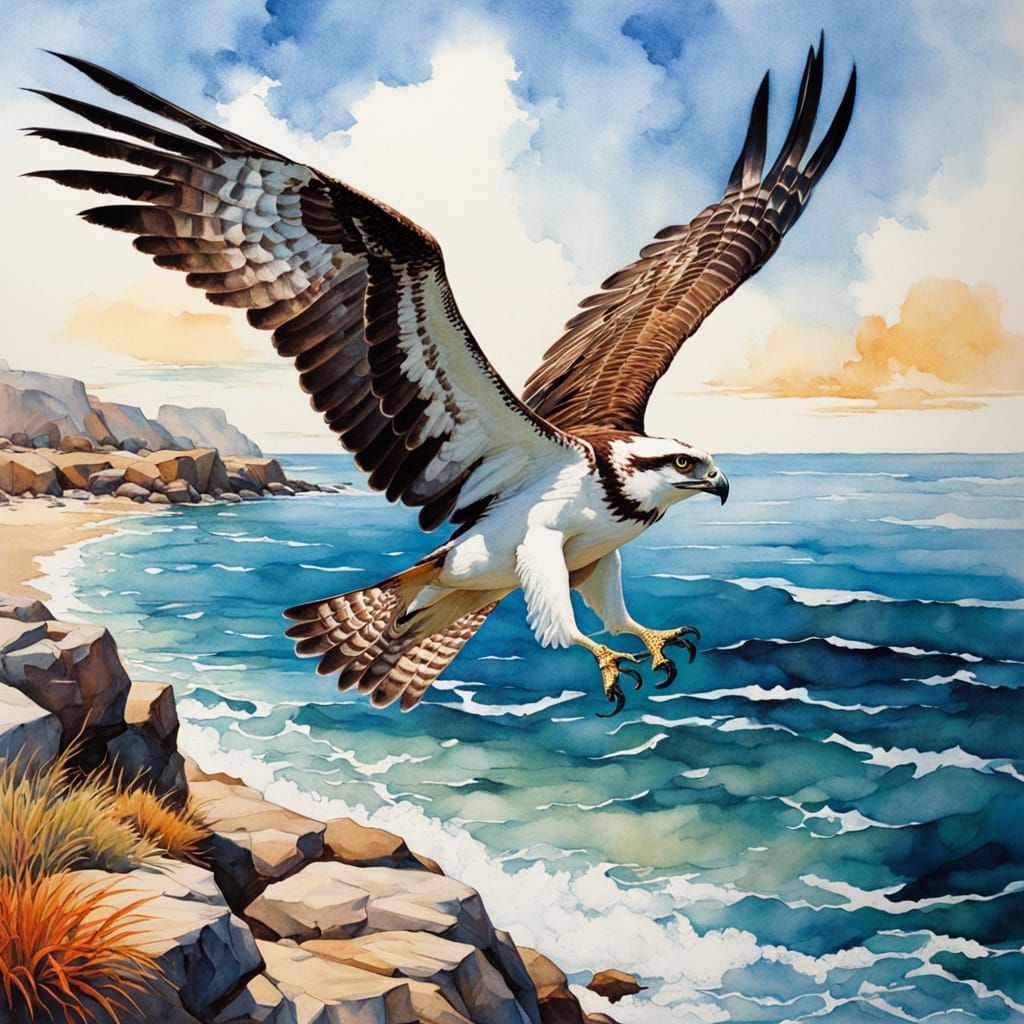 "A majestic osprey soaring gracefully above a beautiful shoreline, its powerful wings fully extended, catching the sunli...