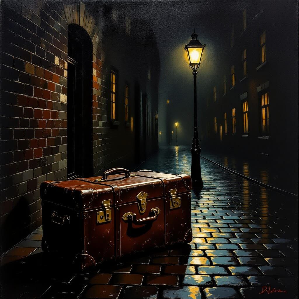Abandoned Suitcase on Rainy Street at Midnight