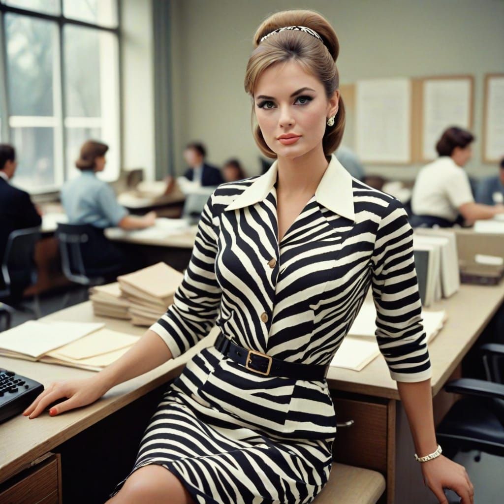 1960s Woman in Zebra Stripes Fashion at Work