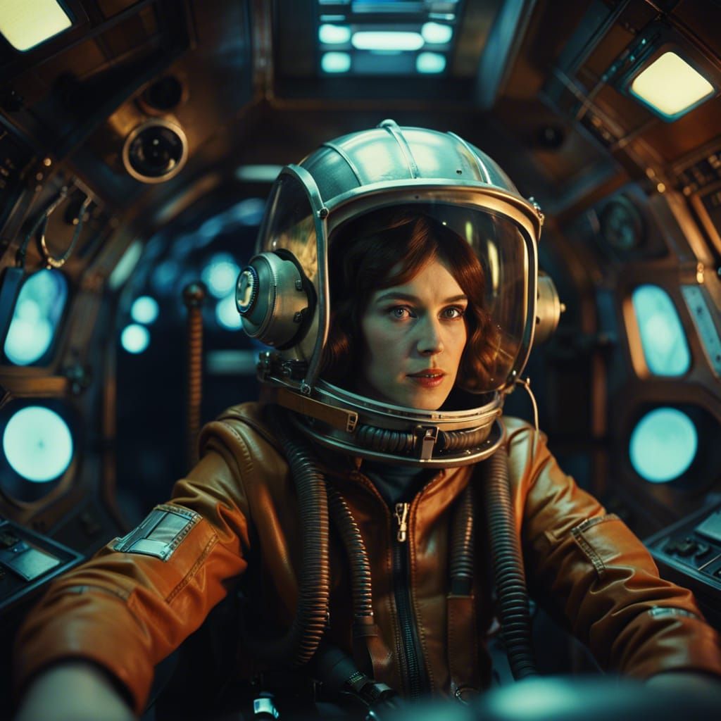Retro Sci-Fi Pilot in Spaceship Cockpit