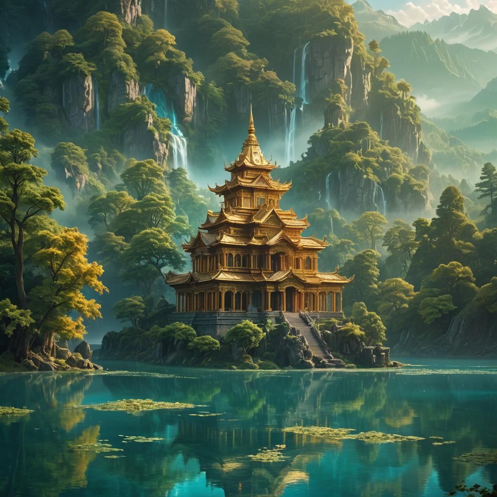 Fantasy Temple on Turquoise Lake in Golden Light