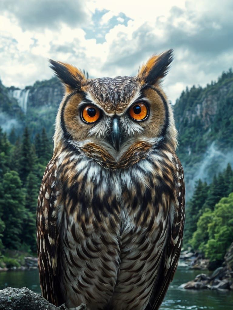 Intense Owl Overlooking Waterfall Scene