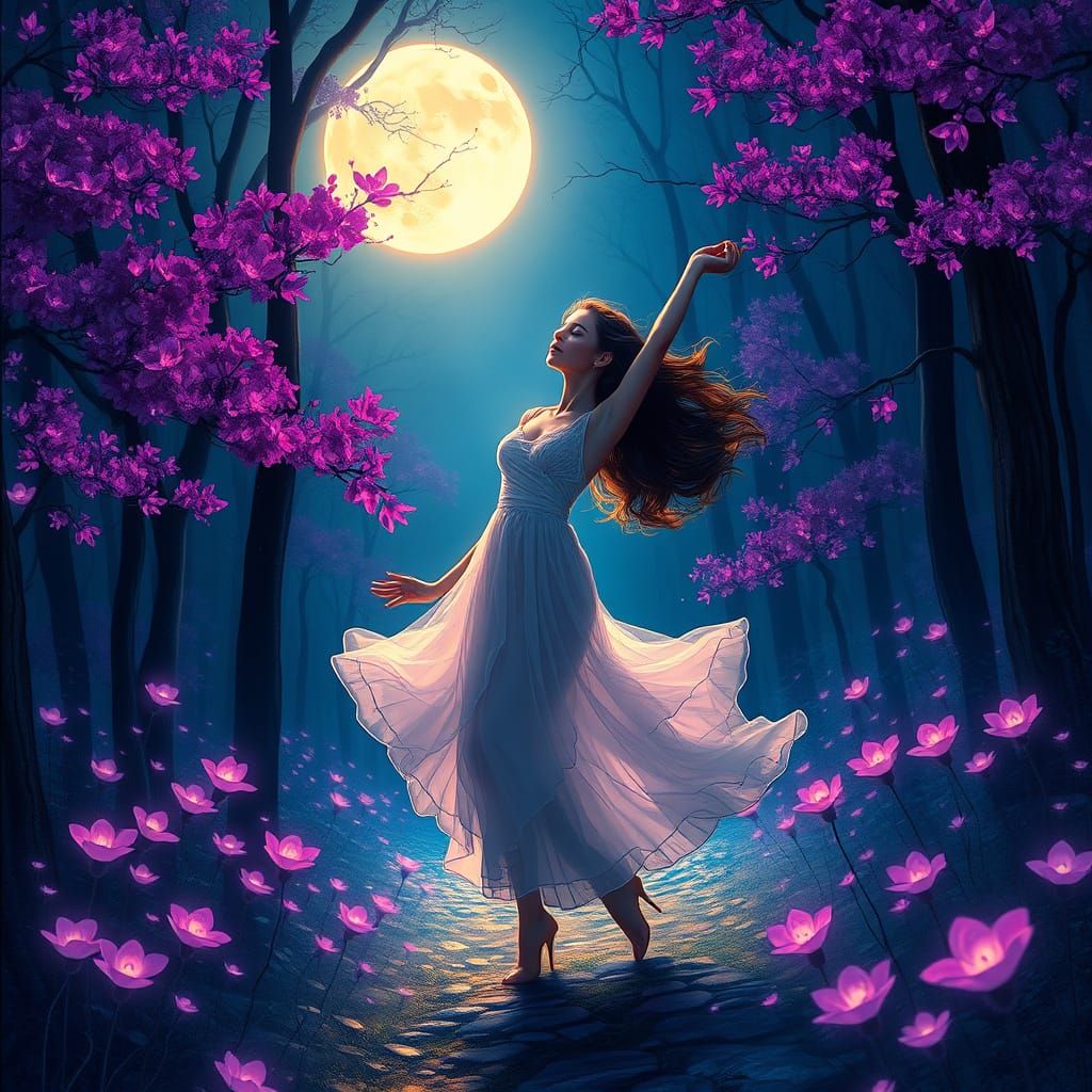 Ethereal Woman Dancing in Moonlit Magical Forest
