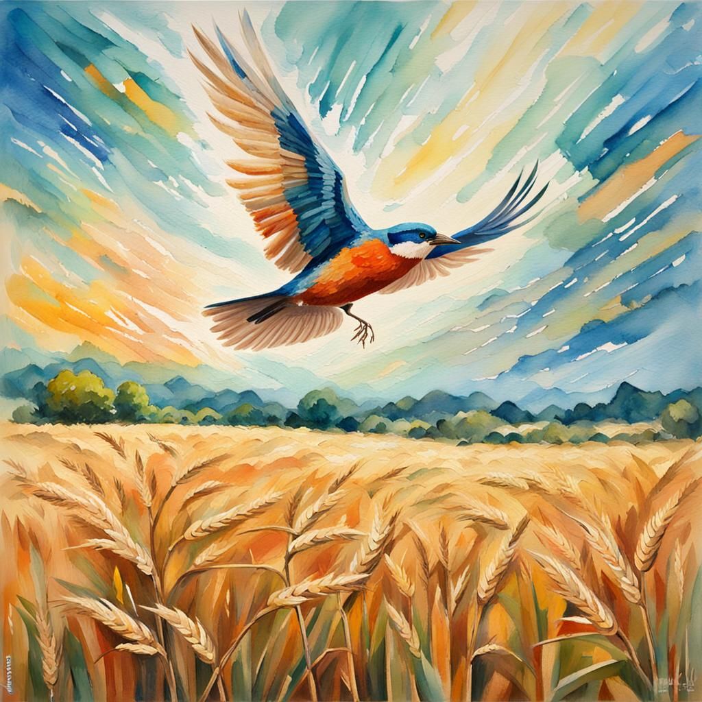 Bird Flying Through Wheat Field as Gouache Painting