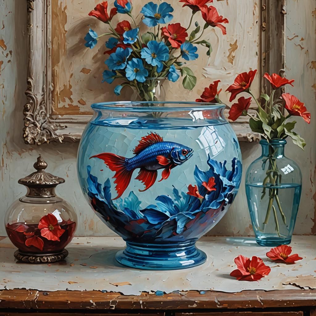 Blue and Red Beta Fish Impasto Painting