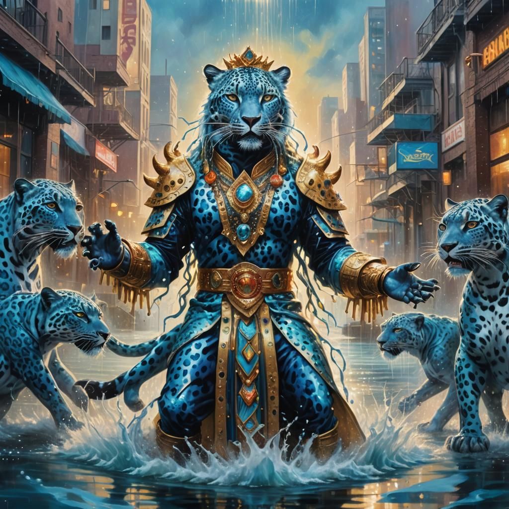 Blue Leopard Shaman in Flooded City, Surreal Oil Painting