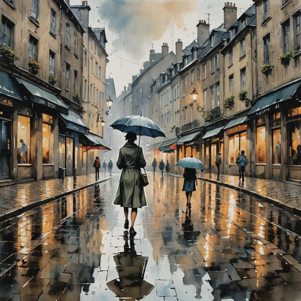 Rainy Day Stroll: Ink Painting in Hokusai Style