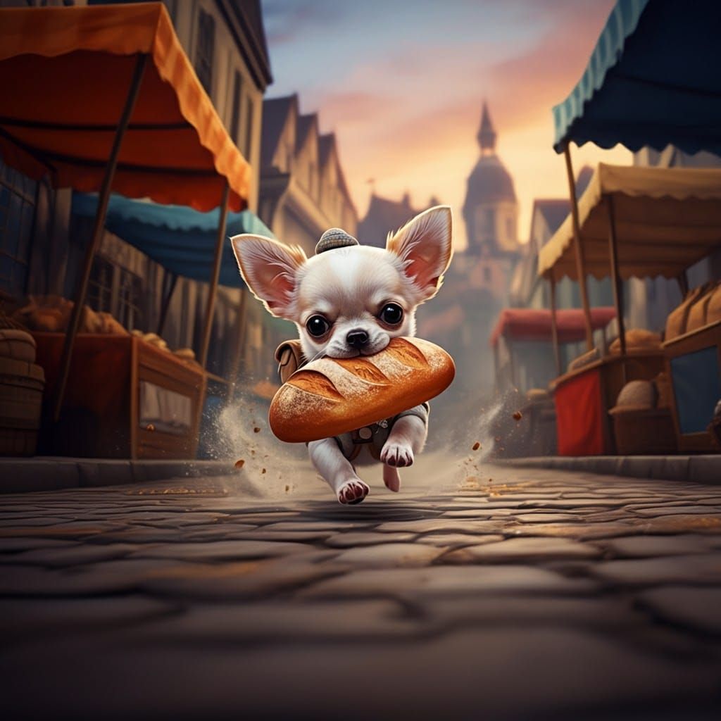 Chihuahua Puppy Running with Bread, Matte Painting