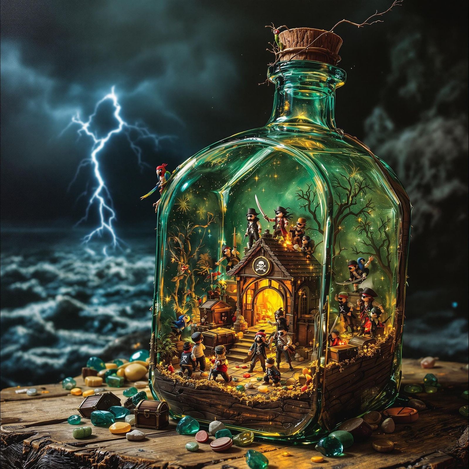 Miniature Pirate Cove in Rum Bottle, Romantic Adventure Art