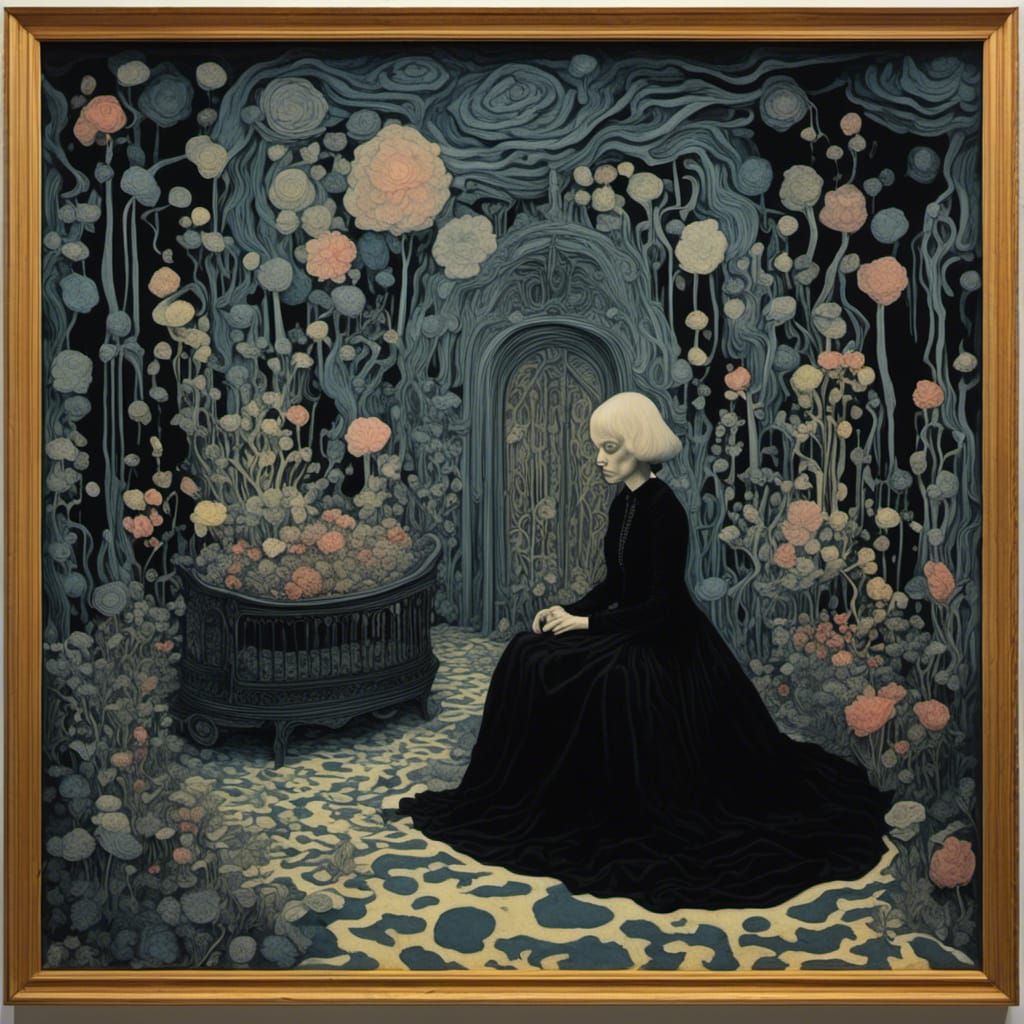 Mourning Woman with Empty Cradle in Psychedelic Style