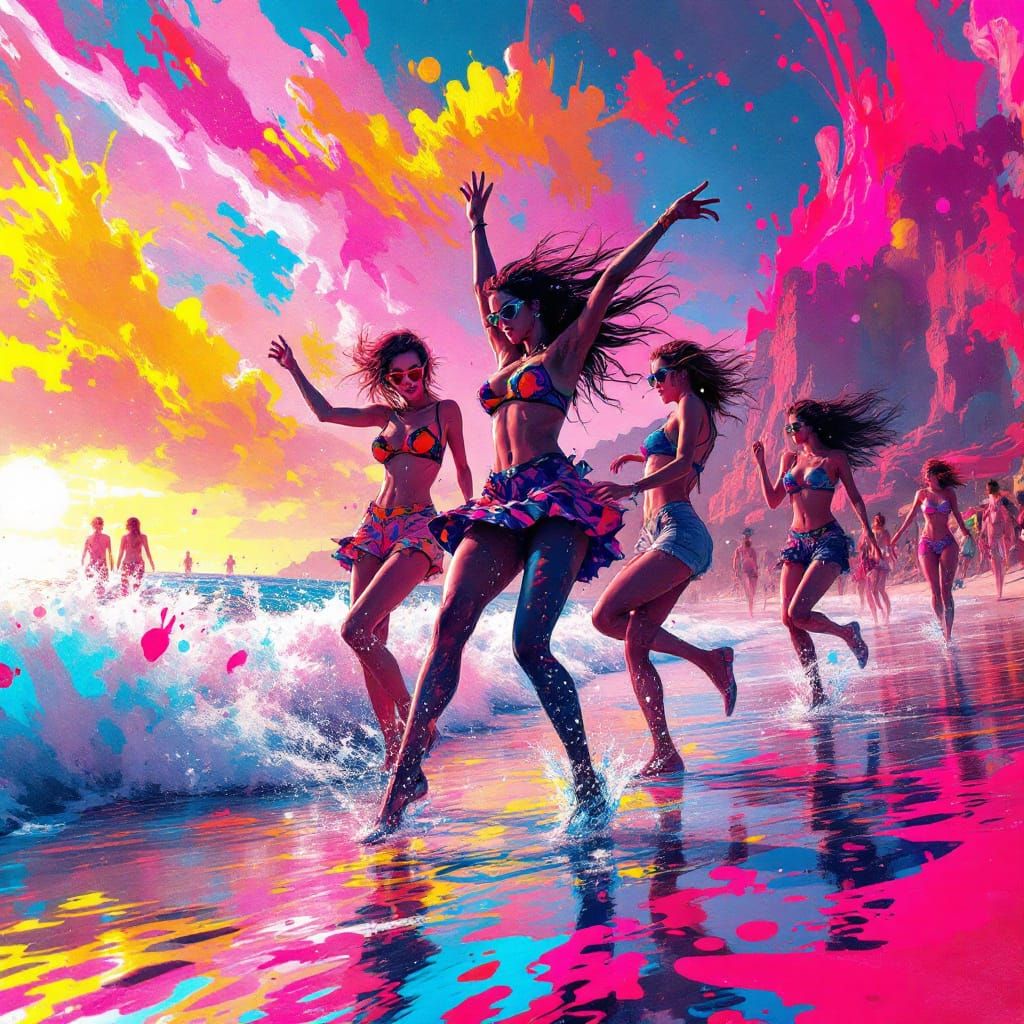 Vibrant Beach Party with Graffiti Art Elements