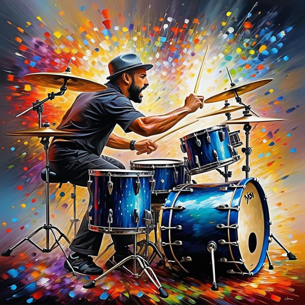 Kinetic Impressionist Drummer in Digital Oil Painting