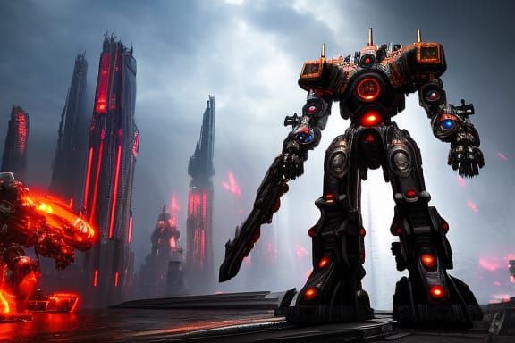 Steampunk Mecha-Zombie Over City, Digital Art