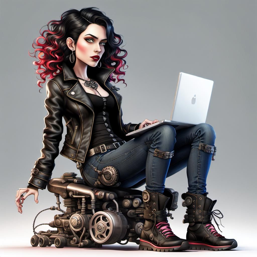 Animated Woman in Gothic Jacket with Laptop