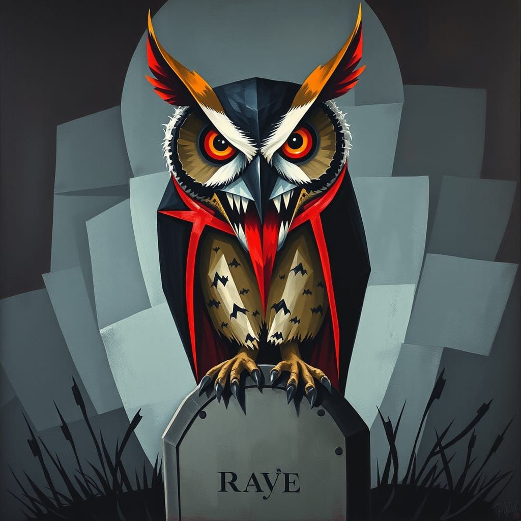 Abstract Cubist Vampire Owl on Grave Painting