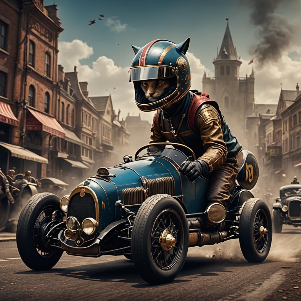 Cat-Person in Racing Helmet with Classic Car