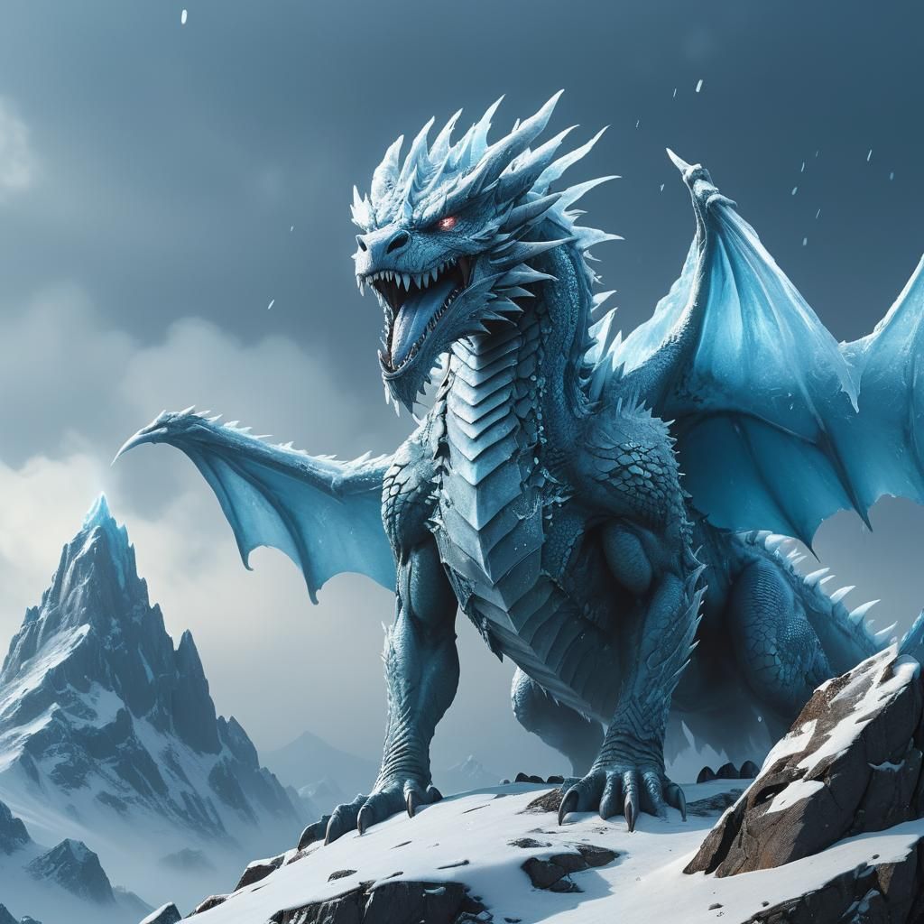 Ice Dragon on Snowy Peak in Digital Art Style