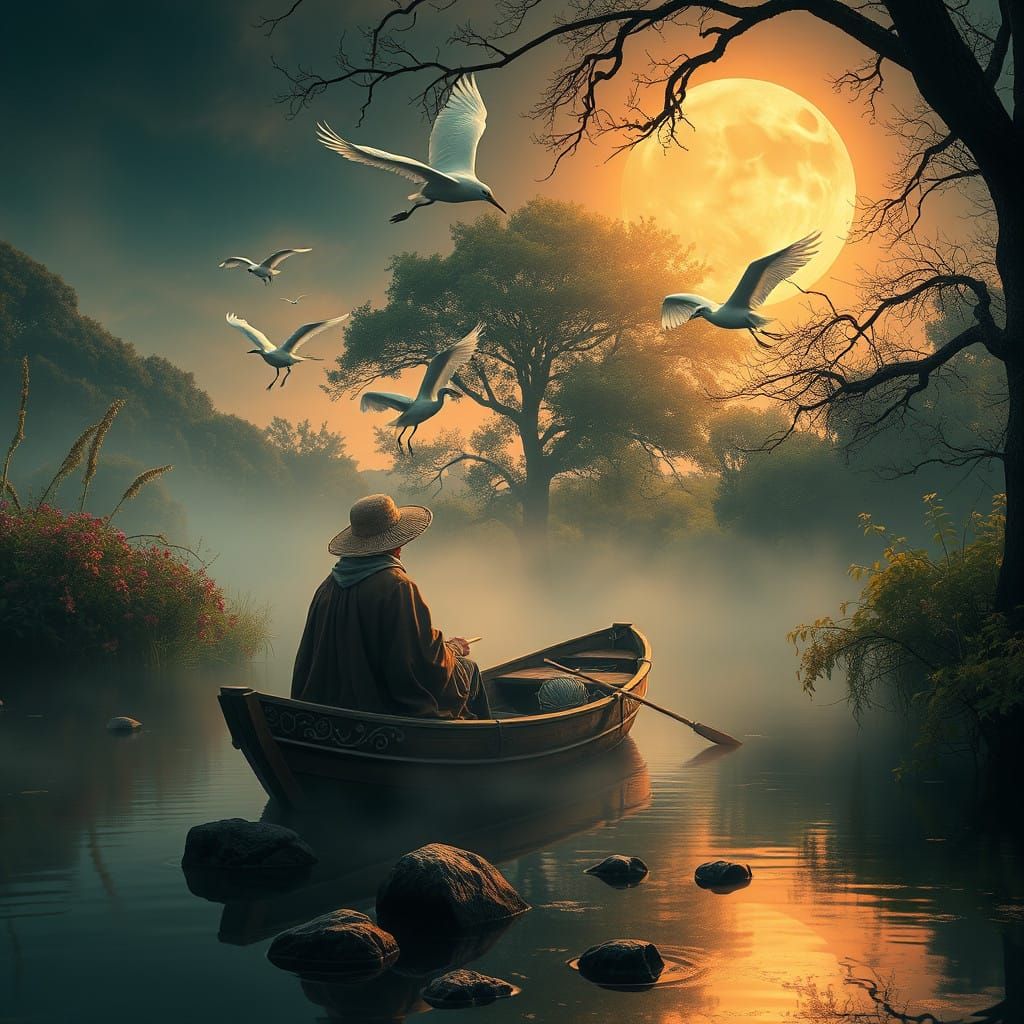 Moonlit Fisherman in Serene Waterhouse-Inspired Landscape