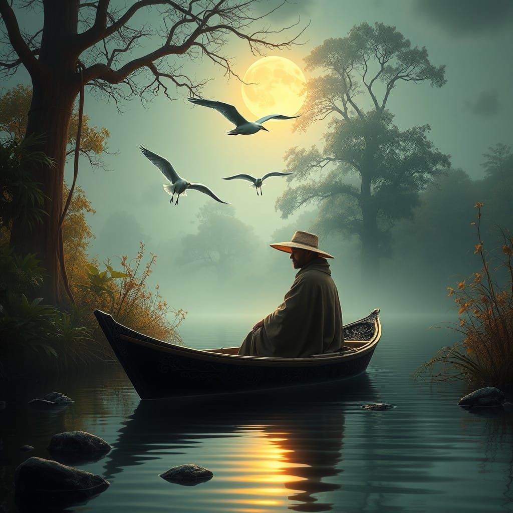 Mystical Fisherman in Moonlit Boat