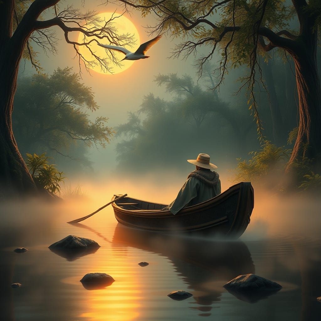 Serene Mystic in a Moonlit Boat Scene