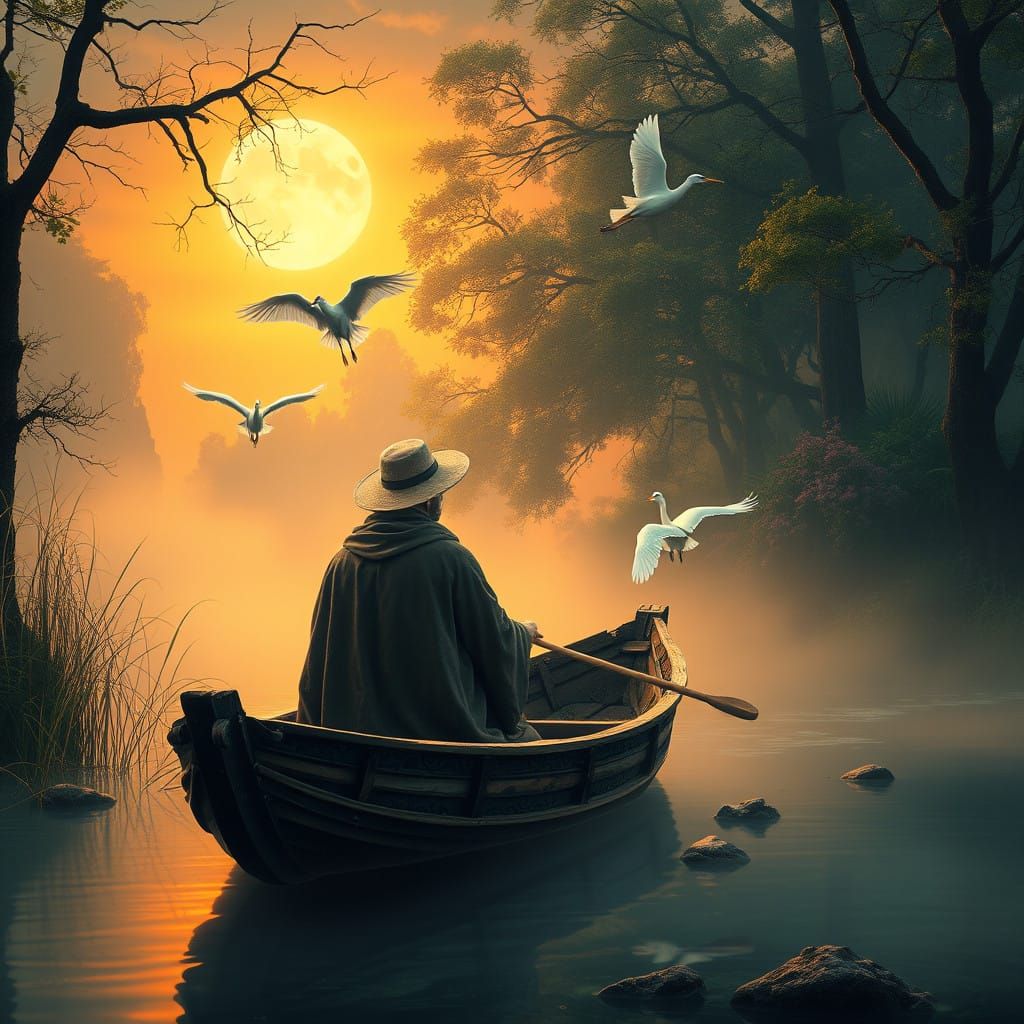 Serene Moonlit Fishing Boat Scene in Dreamlike Atmosphere