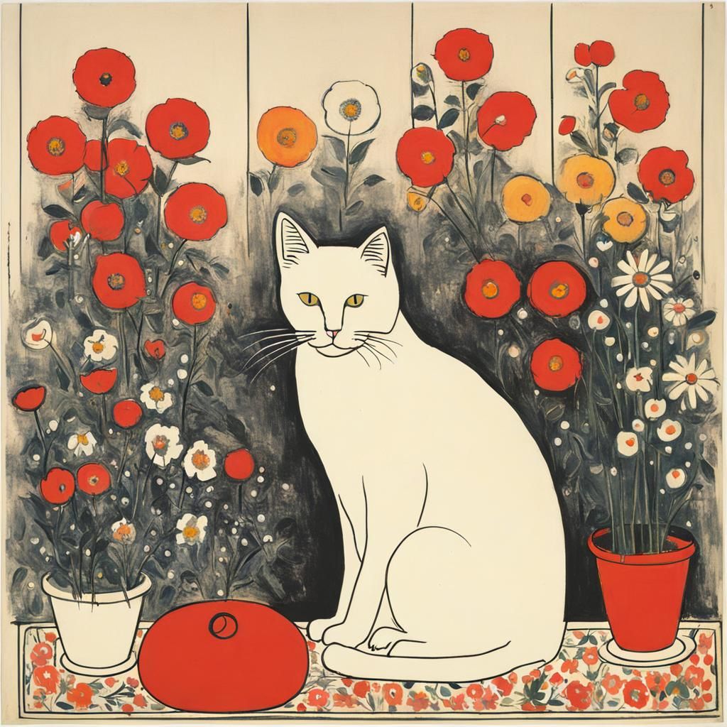 Cute Cat with Flowers in Abstract Expressionist Style