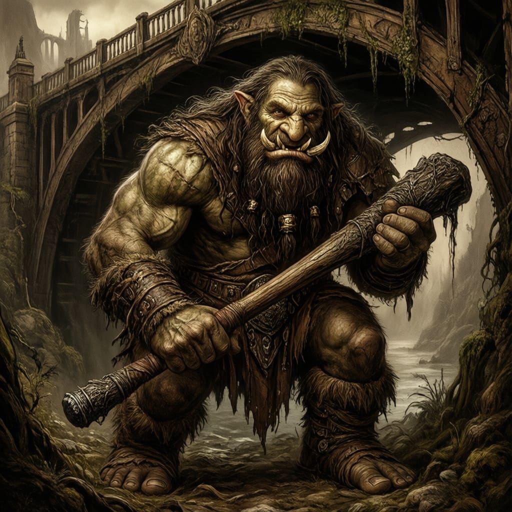 Dark Fantasy Troll Lurking Under Bridge in Sepia Tones