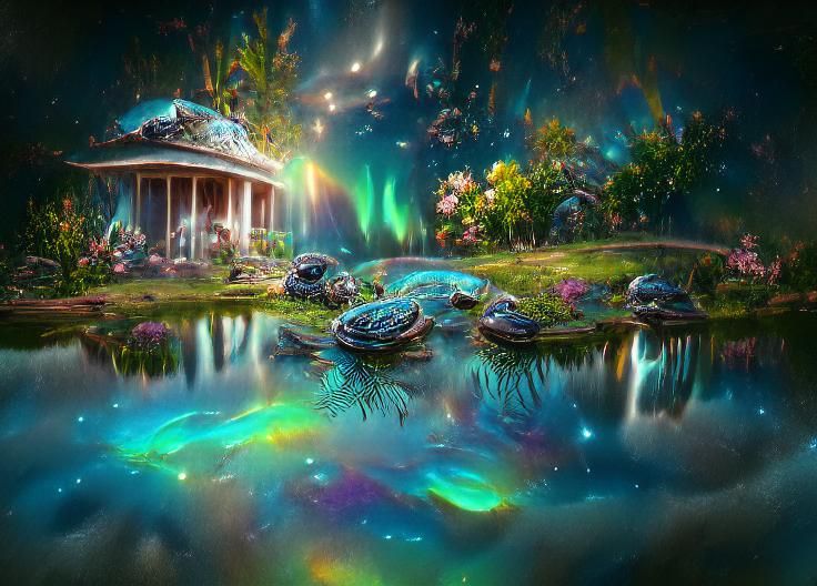 Iridescent Lagoon Bungalow with Rainbow Waterfall