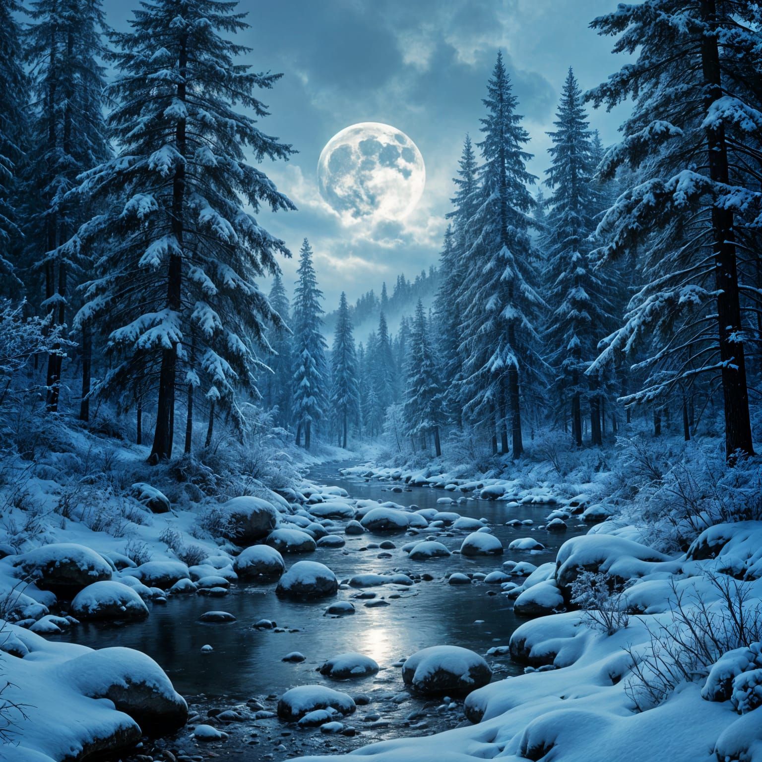 Moonlit Snowy Forest with Aurora Borealis