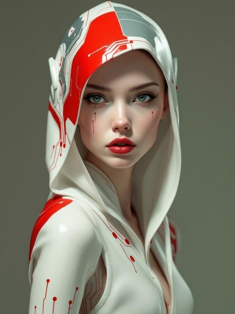Futuristic Oracle in Red and White: A Digital Painting