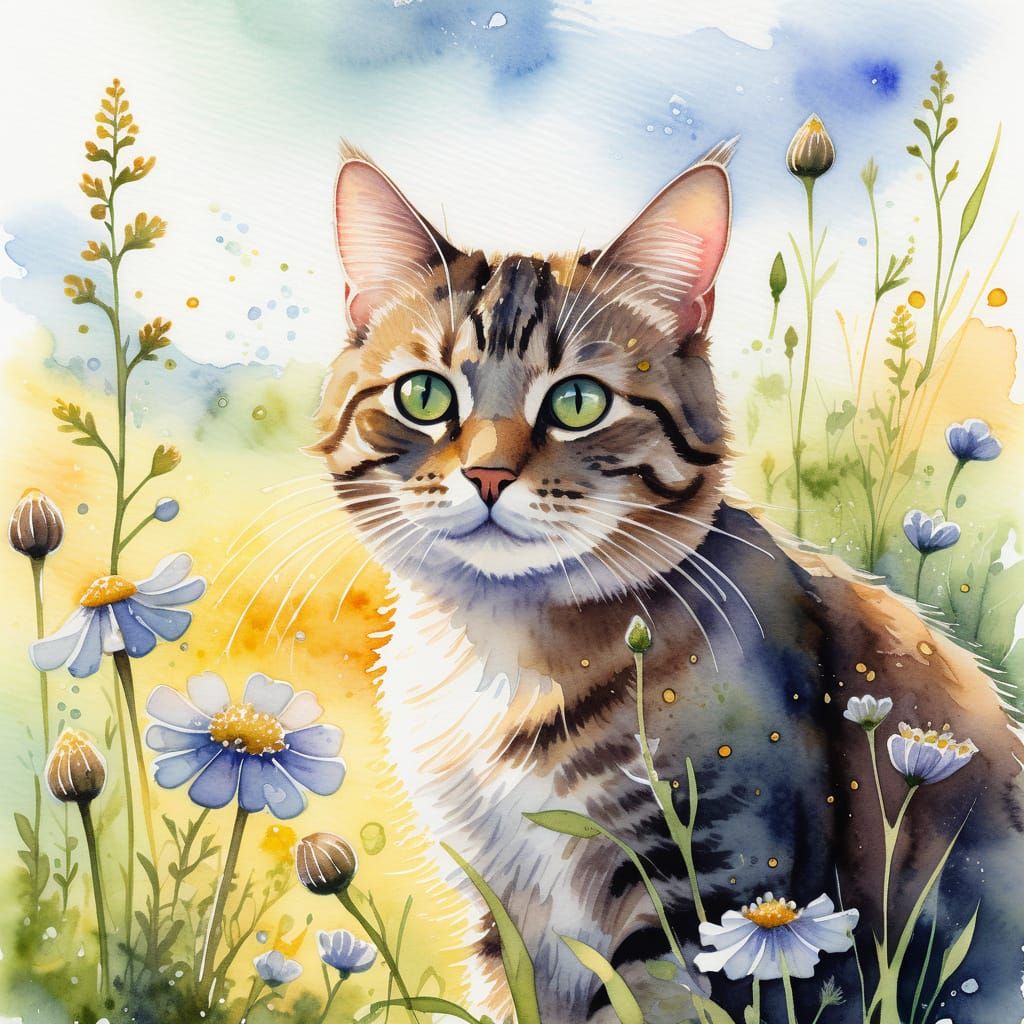 Tabby Cat Discovering Dew-Kissed Wildflower Watercolor