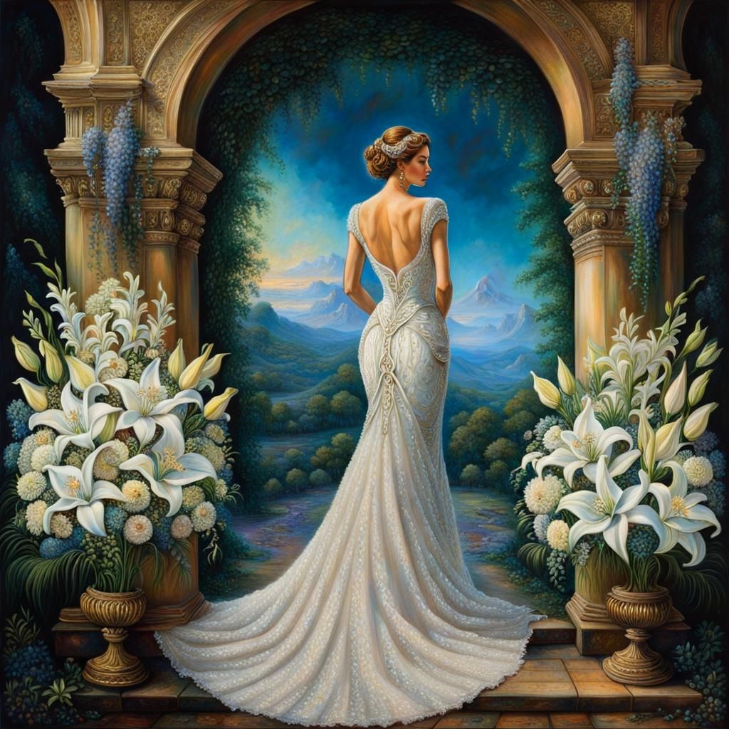 Bride in White Wedding Dress Waits Under Luxurious Arch