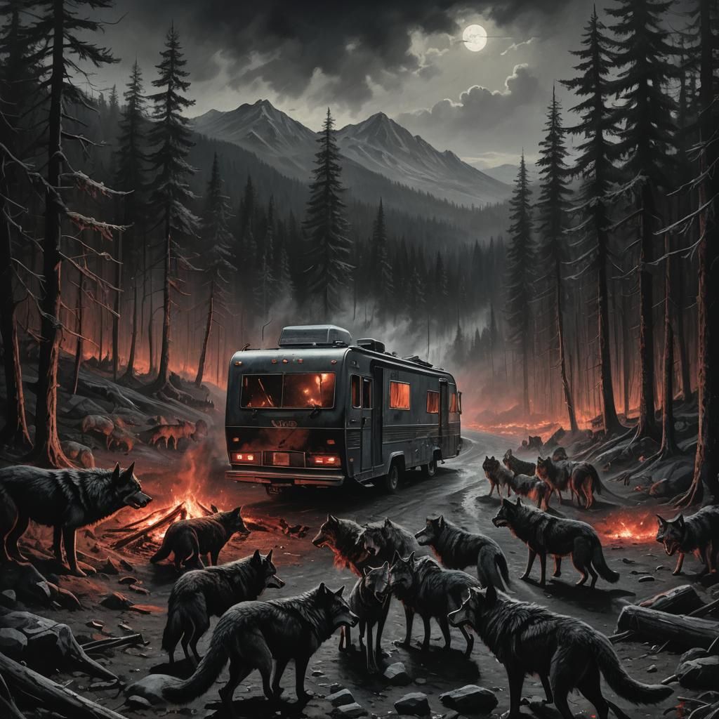 Ominous RV Surrounded by Wolves: Dark Fantasy Landscape