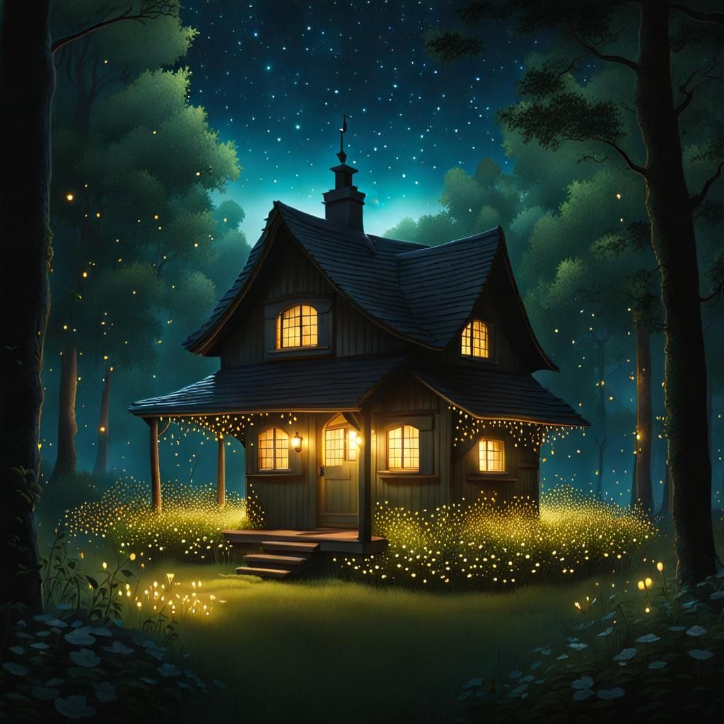 Fireflies Swarm Cottage in Magical Forest