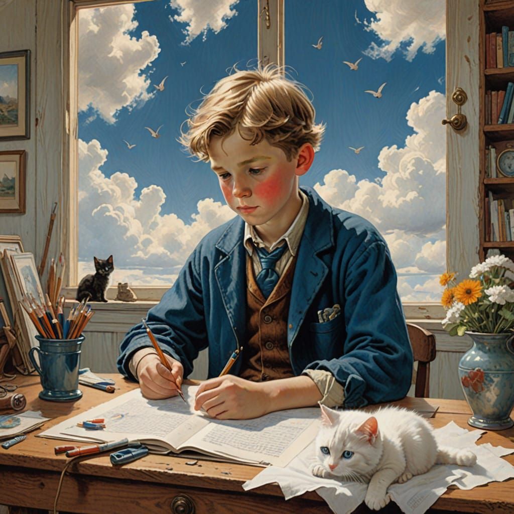 Whimsical Boy at Creative Desk in Sunny Daylight