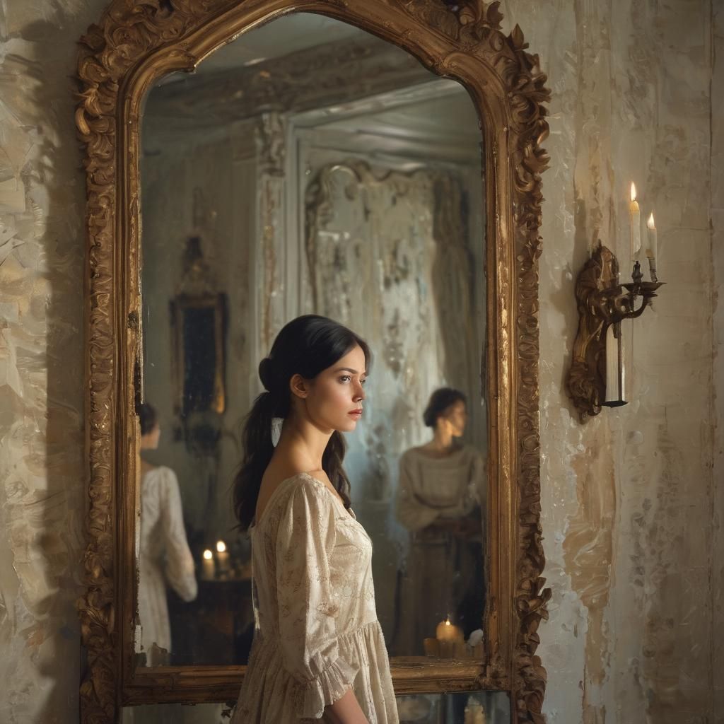 Woman and Fractured Reflection: Surreal Oil Painting