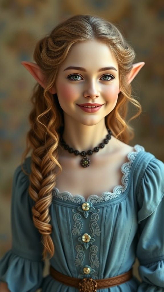 Victorian era female elf with pale skin and smiling with a beautiful face and long curly hair and wearing a cornflower b...