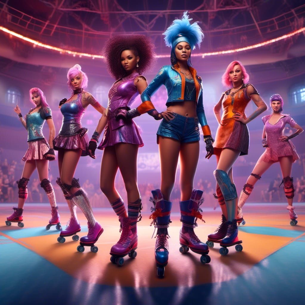 Roller Derby Women on Rink in Detailed Matte Painting