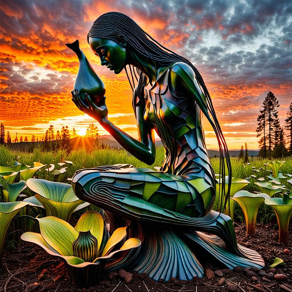 Surreal Sculpture of Woman with Pitcher Plants