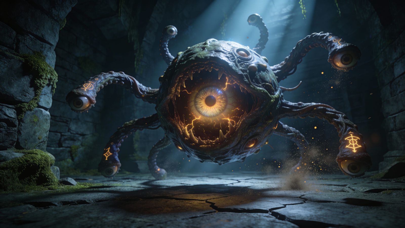 Menacing Beholder Guardian in Dark Dungeon Lair