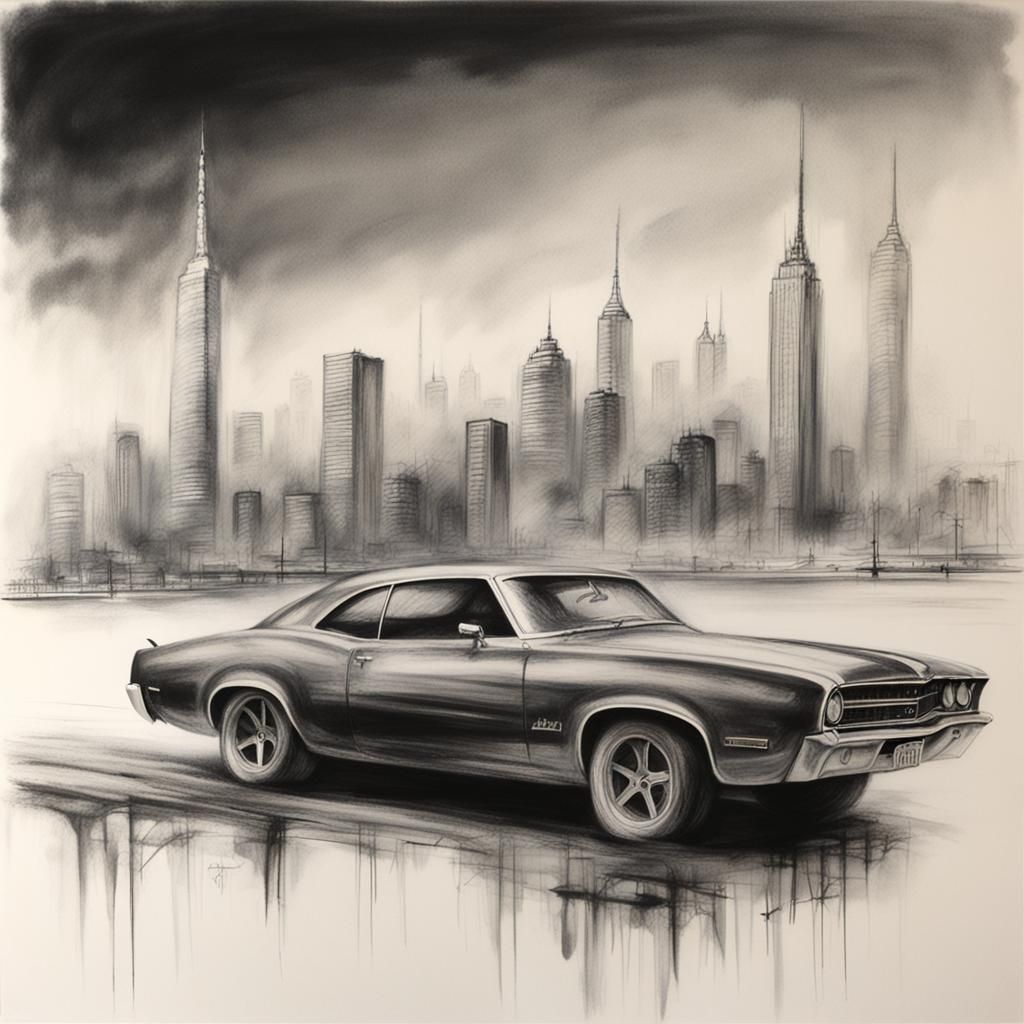 Muscle Car Against City Skyline in Charcoal Style