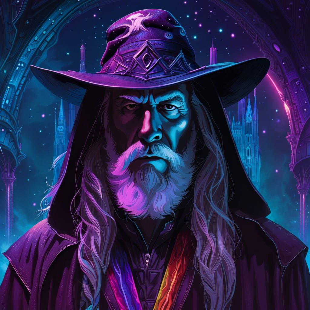 Synthwave Wizard with Hat in Stormy Cityscape
